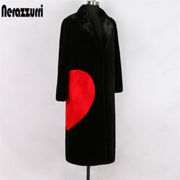 Nerazzurri winter black long faux fur coat with red love hearts long sleeve notched lapel plus size warm fluffy jacket 5xl 6xl 201215