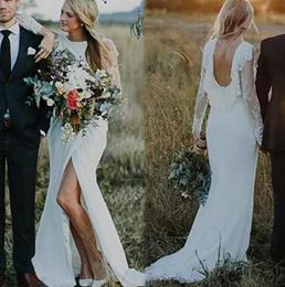 2021 Sexy Backless Mermaid Wedding Dresses Sheer Long Sleeves Country Boho Style Beach Bridal Gowns Split Front Lace Engagement Dresses