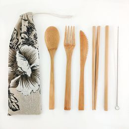 Flatware Sets Reusable Bamboo Wood Cutlery Set Eco-Friendly Travel Wooden Natural Cotton Tableware Wholesale1