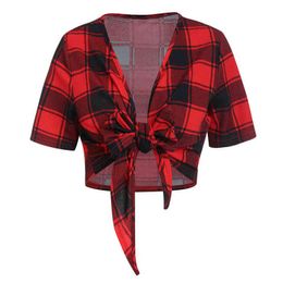 25#Women Goth Short Sleeve Blouses Plaid Bow Knot Bandage Shirt Casual Top Summer Harajuku Elegant Plus Size H1230