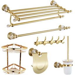 Polished Gold Bathroom Accessories Set with Crystal Towel Rack Shelf Toilet Brush Holder Towel Ring Paper Holder LJ201211