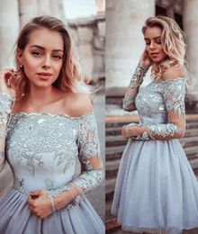 Short Sier Prom Dresses Lace Applique Bateau Neckline Long Sleeves Sequins A Line Tulle Above Knee Length Tail Party Gown Vestido Bove