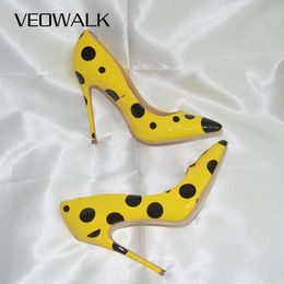 Veowalk Black Polka Dots Women Yellow Stilettos High Heels Ladies Fashion Slip On Pumps Club Party Dress Shoes Colour Customised LJ201112