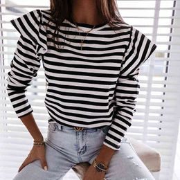 Women Blouse Shirt Striped Ruffle Long Sleeve Blouse Women Casual Feminine Spring Fashion Woman Blouses 2021 O Neck Top Female H1230