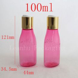 100ml x 50 red color round empty plastic shampoo bottle with gold disc top cap ,100cc PET refillable body cream