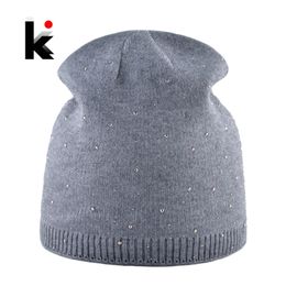 Women's Beanie Hats Autumn Winter Knitted Rhinestone Caps Women Fashion Knitting Wool Skullies Bonnet Solid Casual Female Gorro Y201024