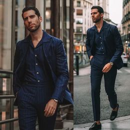Navy Pinstripe Mens Suits Handsome Slim Fit Two Button Peaked Lapel Groom Best Men Prom Party Blazer Jacket(jacket+pants)