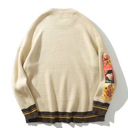 Hip Hop Fashion Sweater Pullover Men Van Gogh Painting Embroidery Knitted Sweater Harajuku Male Streetwear Tops Casual Pullover 201202