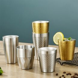 2Psc Double-Wall Stainless Steel Mug Hammer Diamond Texture Coffee Beer Cup Water s Prevents Scalding 220311