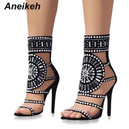 black glitter sandal UK - Aneikeh Women Fashion Open Toe Design High Heel Sandals Crystal Ankle Wrap Glitter Diamond Gladiator Black Size 35-42 220218