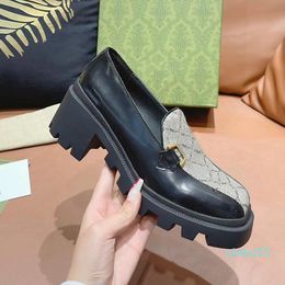 Classic Dress shoes Designer leather letter Thick heel high heels cowhide Metal Button platform women shoe spring autumn boat SHoes