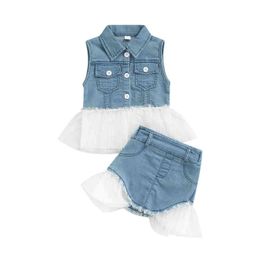 Lioraitiin 0-5Years TOddler Baby Girl Summer Fashion 2Pcs Outfit Gauze Stitching Shirt-Neck Buttons Tank Tops Denim Skirt G220217