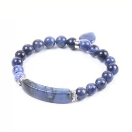 Natural Stone Sodalite Bracelets for Women Men Love Heart Blue White Dot Beads Stretch Healing Buddhist Prayer Bangles