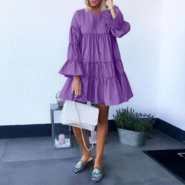 Plus Size Women Elegant Dress Bohemian Dress 2020 Summer Long Sleeve Mini Sundress VONDA Casual Pleated Solid Dress Female Robe Y0118