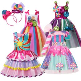 MUABABY Carnival Candy Dress for Girls Purim Festival Fancy lipop Costume Children Summer Tutu Dresses Dressy Party Ball Gown 220308