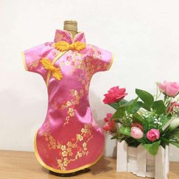 50pcs Floral Dress Silk Satin Christmas Wine Bottle Cover Bag Wedding Party Table Decoration Red Wine Bottle Dress Bag