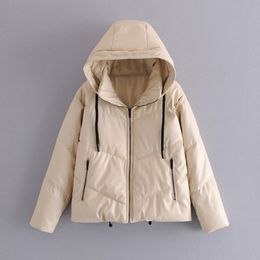 New Fashion Beige PU Leather Winter Women Jacket Parkas Zipper Pocket Female Loose Hooded Coat Oversized Warm Overcoat 201125