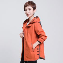 Women's Windbreaker Spring Autumn Casual Wild Jacket Solid Color Middle-Aged Women's Hooded Cotton Loose Coat Tops 5XL Q47 201106