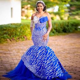 Aso Ebi African Women Royal Blue Prom Dress With Sweetheart Tassels Sequins Lace Appliques Plus Size Tiered Sweep Train Evening Gowns Vestidos De Novia