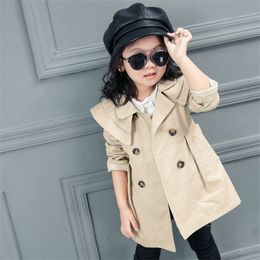 Moda crianças meninas meninas outono trench casacos camadas colarinho botão duplo cor sólida jaqueta longa outwear com cinto lj20117