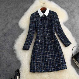 Fashion Designer Navy Blue Plaid Bow Tie Tweed Dress Autumn Winter Women Long Sleeve Diamonds Button Vintage Woollen Short Dress 22151T