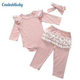 New Pink Cute Newborn Baby Girl Clothes Set Fall Winter infant Clothing Cotton Ruffle Tops Pants Headband Baby Girl Outfits Suit LJ201223