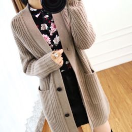 Fall winter wool cardigan women's mid-length V-neck sweater loose thick cashmere knitted jacket 201023