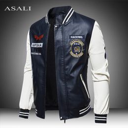 Leather Jacket Men Bomber Baseball Jacket Biker Pu Coat Faux Pilot Fleece College Top Leather Black Slim Fit Motorcycle 201119