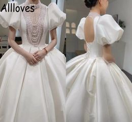 Pearls Major Beading Ball Gown Wedding Dresses Retro Elegant Satin Puffy Short Sleeves Princess Bridal Dresses Hole Corset Back High Neck Vestidos De Novia CL0027