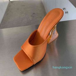 High Quality Cosy Slides Women Leather Slippers Fashion Strange Transparent Orange Heels Sandals Open Toe Summer Shoes Size 41 Y2