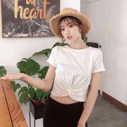 Women Tees Summer T-Shirt New Short O-Neck white Female Solid Colour Temperament Cross-Knot Short-Sleeved Crop Tops T-Shirt G220228