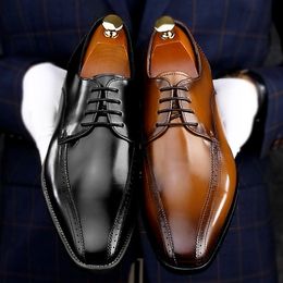 Designer shoes Genuine Leather Men's Handmade Wedding Oxfords Square Toe Laces Man Formal Dress Medallion Brogues