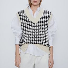 women fashion oversized knitted vest sweater V neck sleeveless houndstooth loose female waistcoat chic tops 201030
