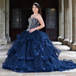 Navy Blue Quinceanera Dresses Sweetheart Beads Crystal Ruffles Skirt Prom Dress robe de soirée vestidos de 15 años