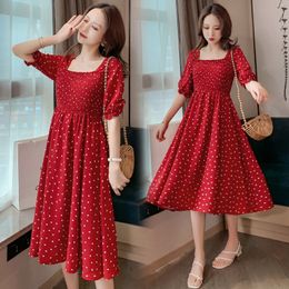 Summer Korean Fashion Maternity Long Dress Elegant Hot Slim Charming Clothes for Pregnant Women Wine Red Dot Pregnancy LJ201114