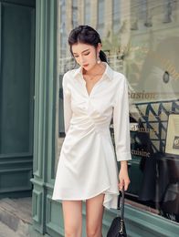 Spring summer new French style women's retro solid color turn down collar high waist asymmetric drapped shirt dress SMLXL