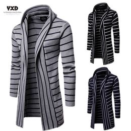 Free shipping Mens Clothes Striped Spliced Long Cardigans Mans Hooded Knitted Sweater Men Slim Cardigan Man Coat Homie Outwears 201105