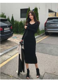 New design women's v-neck long sleeve thread knitted bodycon tunic maxi long sweater dress solid Colour