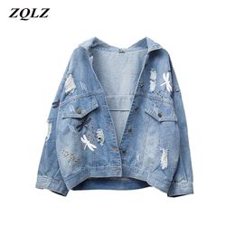 ZQLZ Plus Size 5XL Autumn Denim Jacket Women New Embroidery Pattern Lapel Loose Jeans Coat Thin Spring Jackets Womens 201210