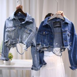 Women Fashion Streetwear Jackets Autumn Blue Ripped Holes Denim Jacket Vintage Short Coats Jeans Harajuku Frayed Jackets 201106