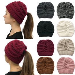 8 Styles Criss-Cross Crochet Beanies Women Girl Winter Knitted Hats Outdoor Ponytail Beanie Detachable Hat Knit Cross Cap M2854