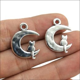 Wholesale Lot 100pcs Retro Antique silver Lovely A Cat On Moon Alloy Charms Pendants Jewellery Making DIY Jewellery Findings Animals 23x18mm