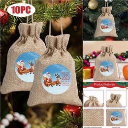 Storage Bags 10PCS Christmas Printed Linen Gift Bag Santa Backpack Candy Apple Home Decor Decorations