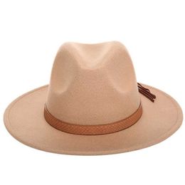 Autumn Winter Sun Hat Women Men Fedora Classical Wide Brim Felt Floppy Cloche Cap Chapeau Imitation Wool L XL 211227