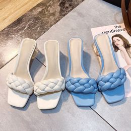 2020 New Design Weave Women Slipper Ladies Thin High Heel Sandal Open Toe Slip On Summer Outdoor Slides Flip Flop ShoeS blue X1020