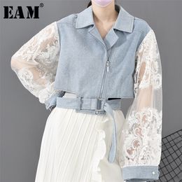 [EAM] Loose Fit Lace Stitch Denim Bandage Short Jacket New Lapel Long Sleeve Women Coat Fashion Tide Spring 1D63805 201112