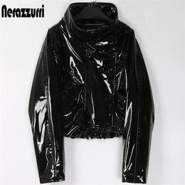 Nerazzurri Zip up patent leather jacket women long sleeve Short oversized plus size fashion Fall women clothes dropshipping 201226