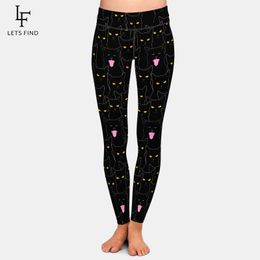 LETSFIND New High Waist Women Leggings Fashion 3D Black Cats Pattern Milk Silk Print Fitness Elastic Leggings Plus Size 201202