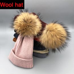 Winter spring wool Hat Knitted Skullies Casual Women hat Natural fox Fur Pompom Hats Y201024