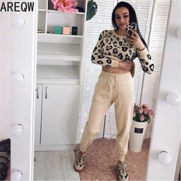 Sweatsuits for Women Knitted Suits Leopard Long Sleeve O-neck Sweater + Elastic Waist Pocket Harem Pants Sets Tracksuit Women 211221